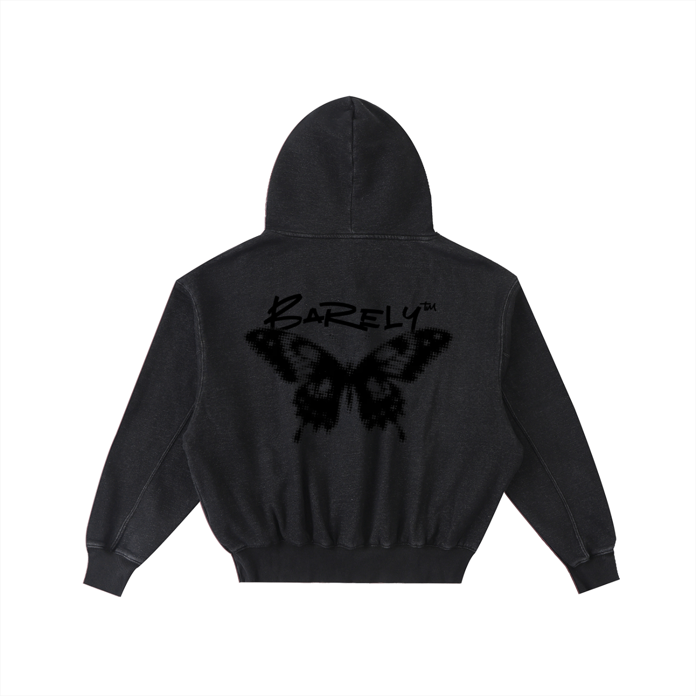 Barely™ heavyweight hoodie back view with logo